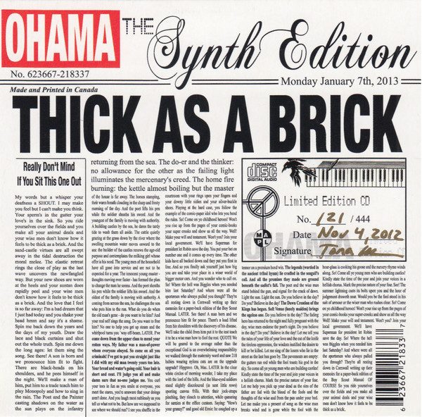Ohama – Thick As A Brick: The Synth Edition (knockoff album cover)